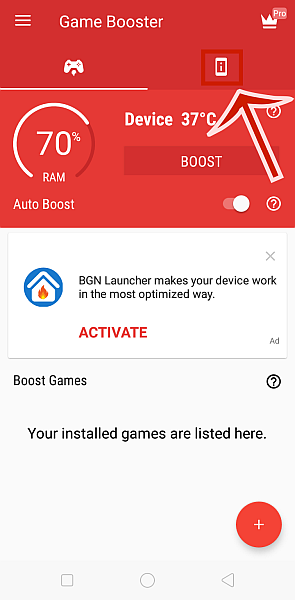 Game Booster User Interface with Phone Icon Emphasized