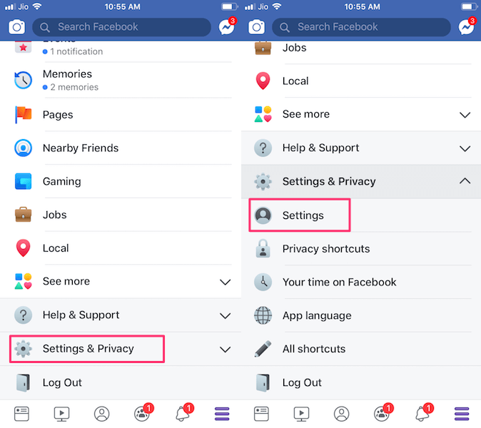Facebook settings in app