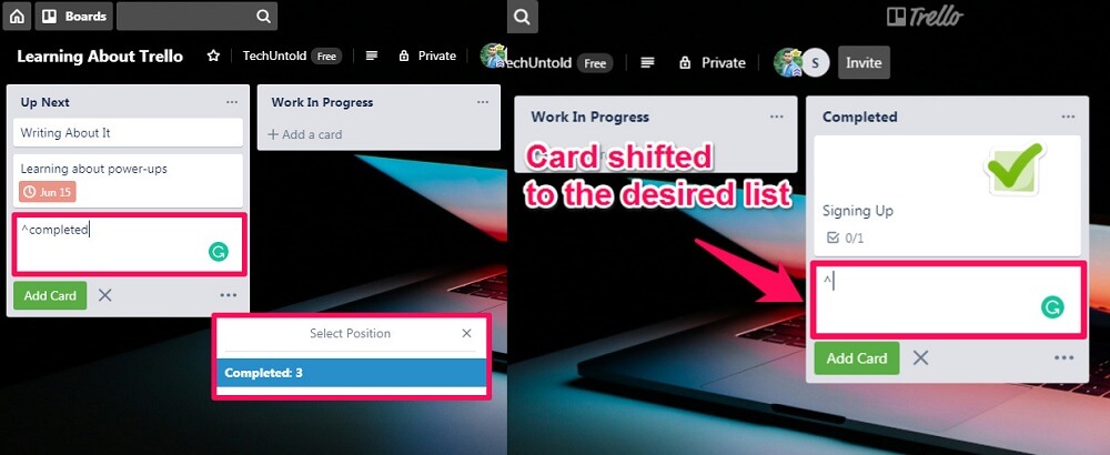 Shortcut in Trello - autocomplete position to reposition cards to another list 