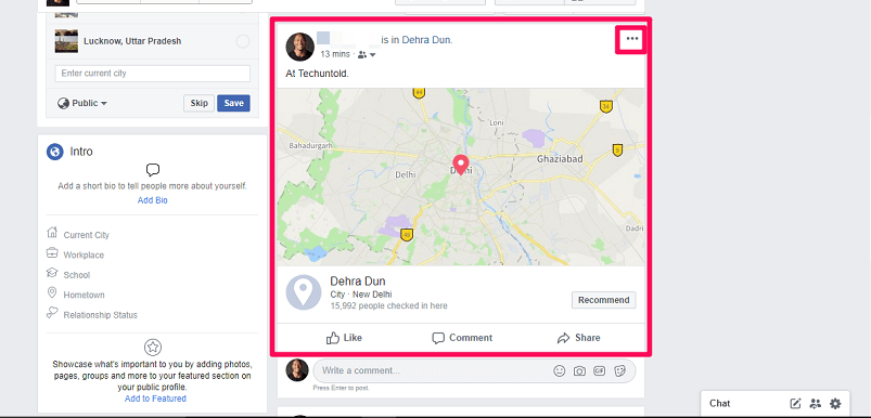 location pinned post on Facebook