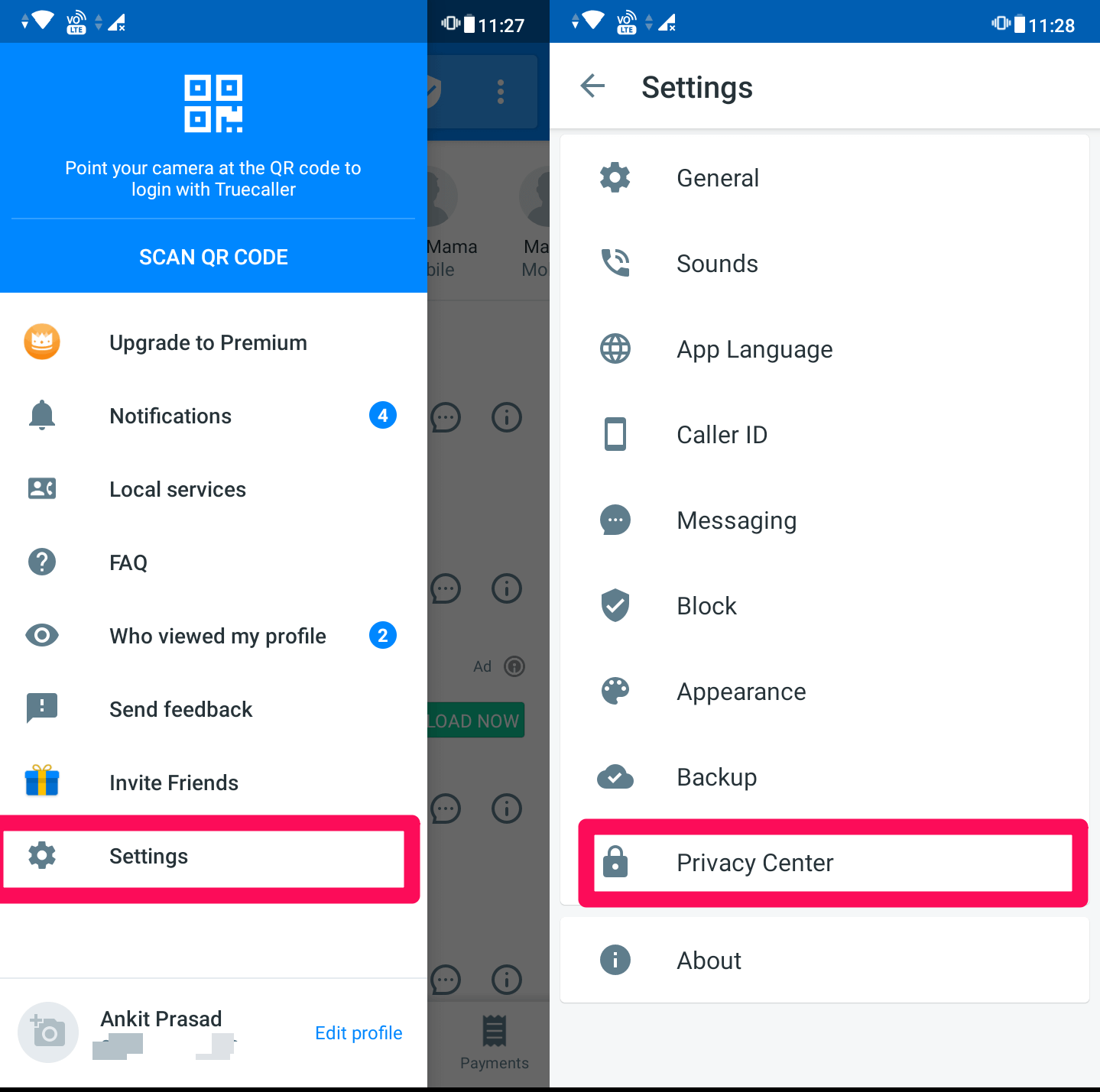 Privacy center under settings option in Truecaller app