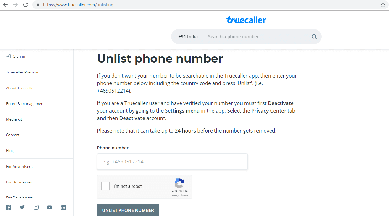 remove your number from Truecaller