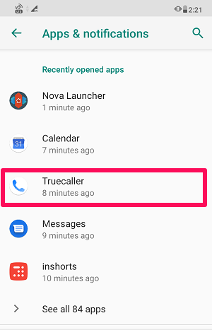 Truecaller app under apps settings