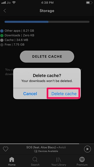 delete Spotify cache files on iPhone