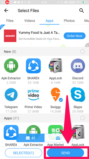 send selected apps