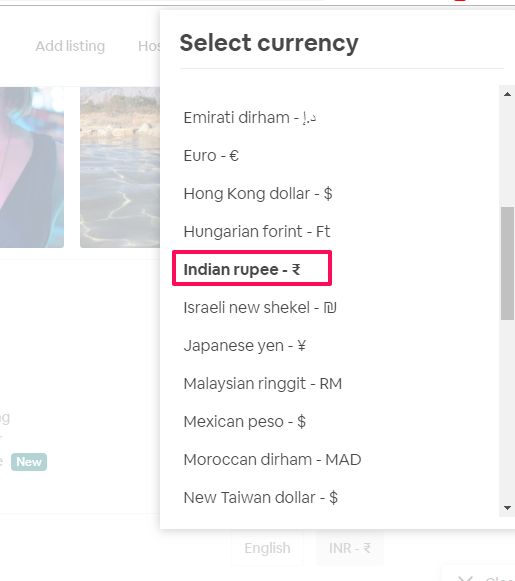 change currency in Airbnb website