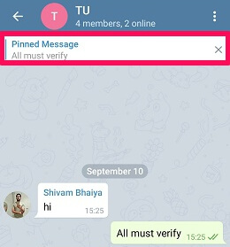 how to pin message in Telegram using android app
