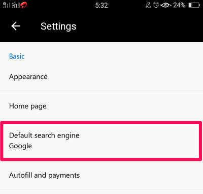 default search engine settings