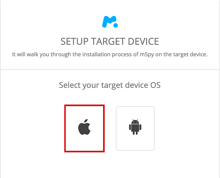 Selecting iOs as target device to install Mspy app