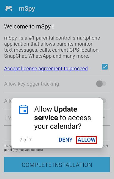 Allow necessary permissions to complete mSpy mobile app installation