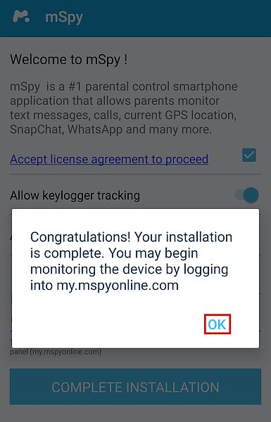 Success message after installing mSpy app on mobile device