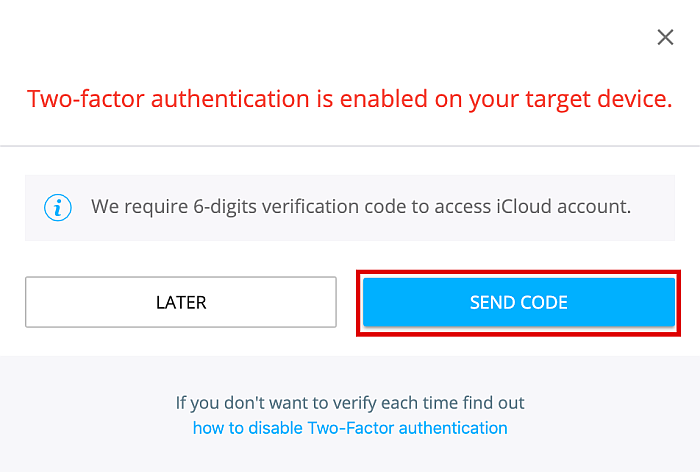 Sending code to be used in two-factor authentication