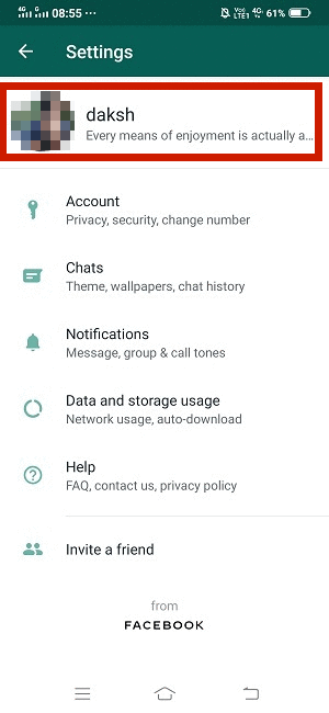 Profile settings page inside Whatsapp