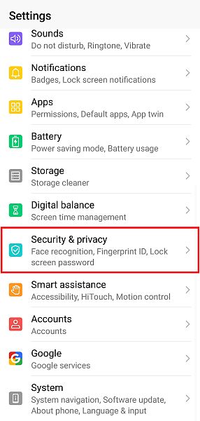 Security and privacy option in the Android settings