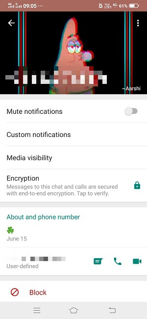 Whatsapp profile with unsaved number showing profile name