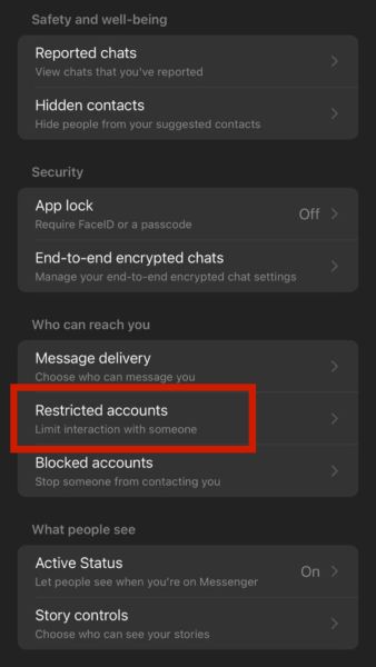 Finding and tap on the “Restricted Accounts” option