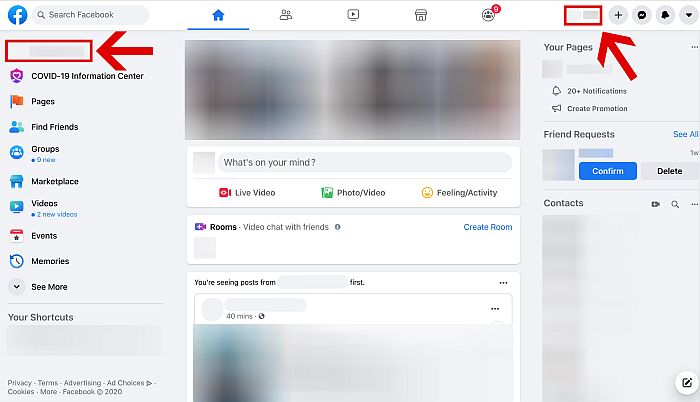 Options to open Facebook profile from the newsfeed page