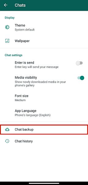 Chats settings in whatsapp with the chat backup option highlighted