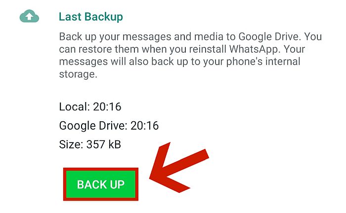 Whatsapp chats backup to google drive screen with the backup button highlighted