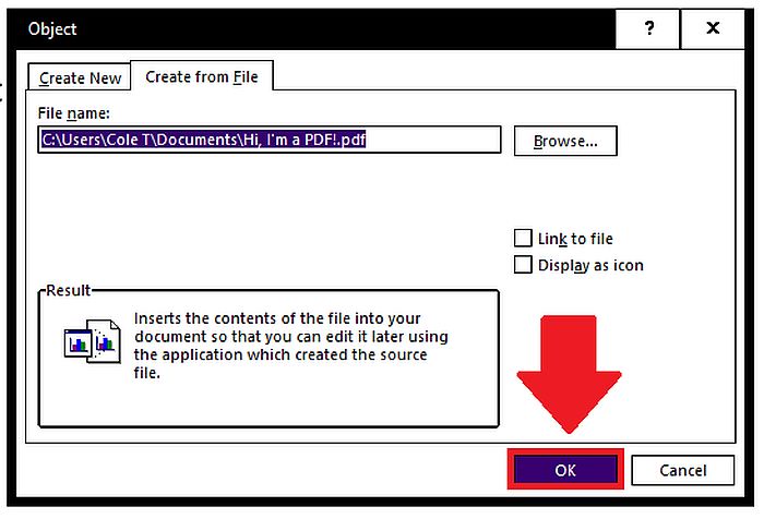 Confirming to insert PDF File to a Word Document as an Object