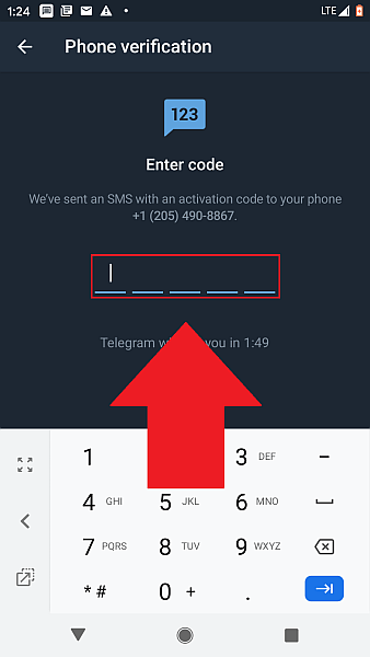 Telegram enter code