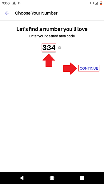 Enter area the code and tap continue