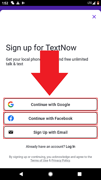 TextNow Google Facebook Email
