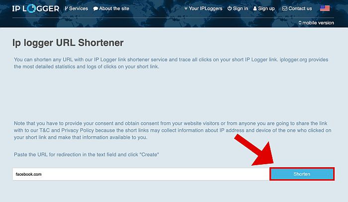 Ip Logger URL Shortener Page with highlighted Shorten Button