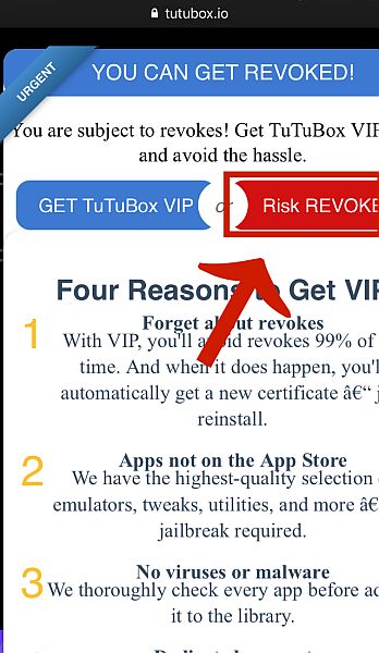 Choosing Risk Revoke Option in Tutubox.io to Jailbreak iPhone