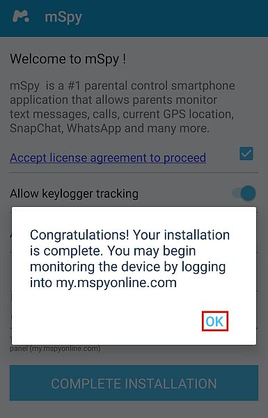 mSpy successful installation prompt