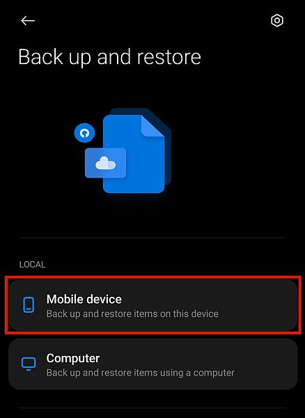 Back up and restore items in mobile device option