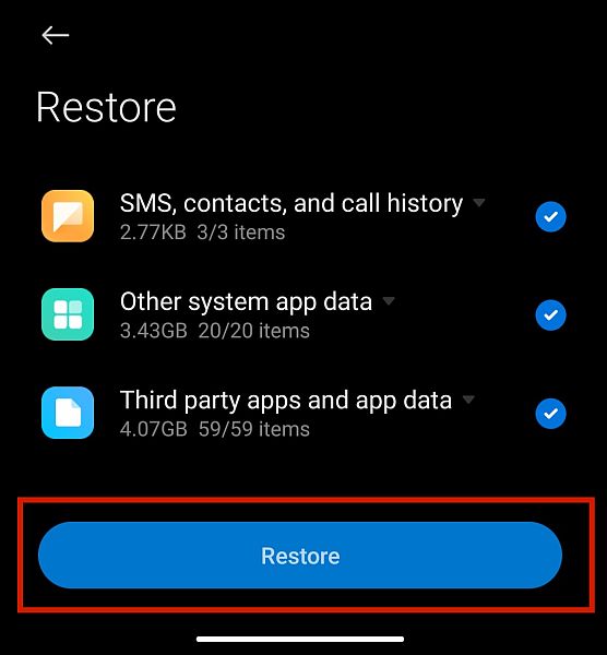 Chosen items for restoration in Android phone