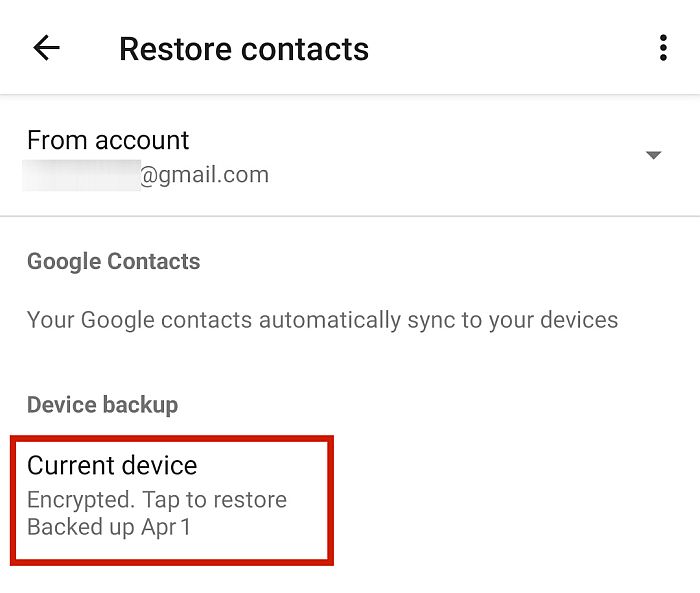 Restoring Contacts from Google Account to Current device