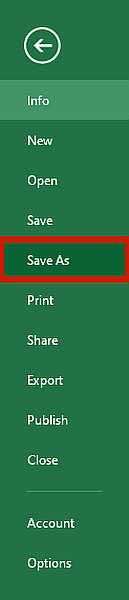 MS Excel File Menu Options with Save As Option Highlighted