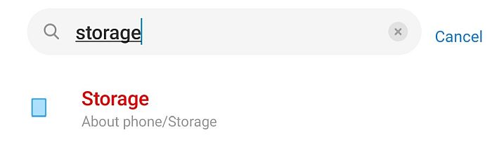 Storage Search Result In Android Device Settings Tab