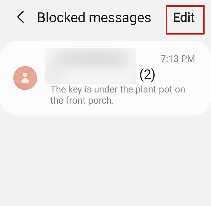 Samsung Blocked Messages setting with Edit Option Highlighted