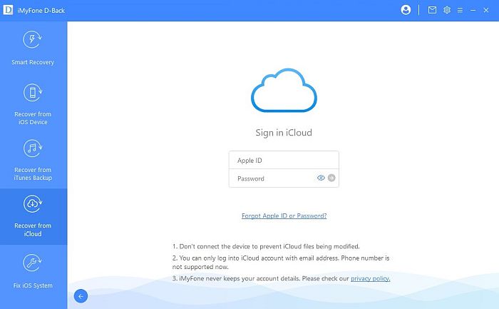iMyFone D-back iCloud Sign in Page