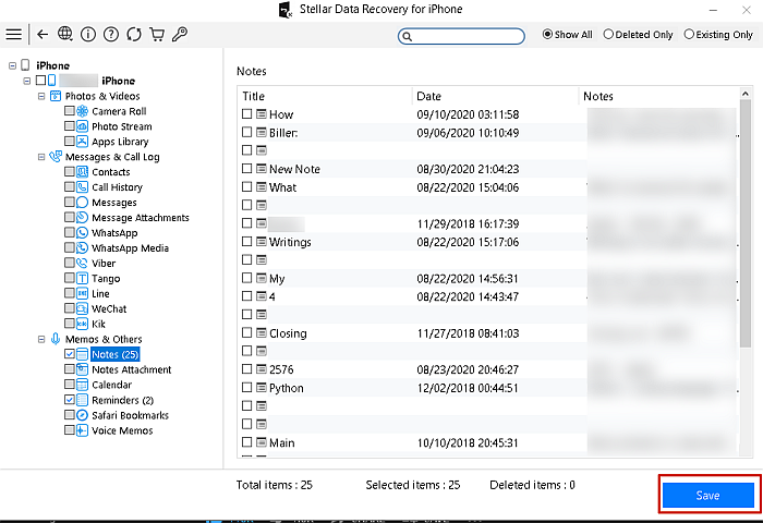 Stellar Data Recovery for Iphone displaying items in Notes Folder