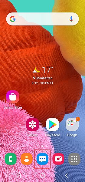 Samsung Home Screen with message app sellected