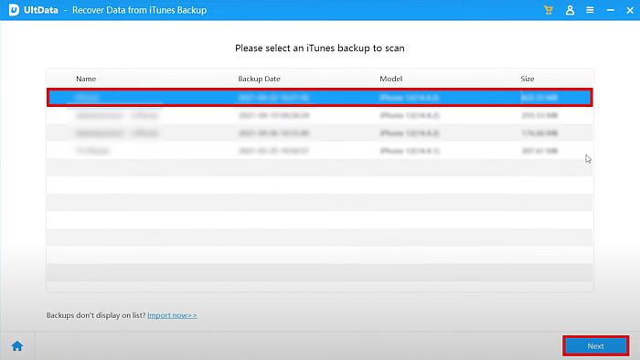Selecting iTunes backup to scan in Ultdata