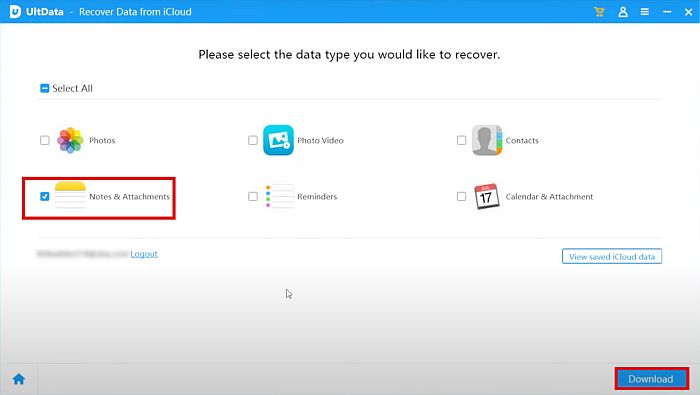 Data type selection in icloud recovery in Ultdata