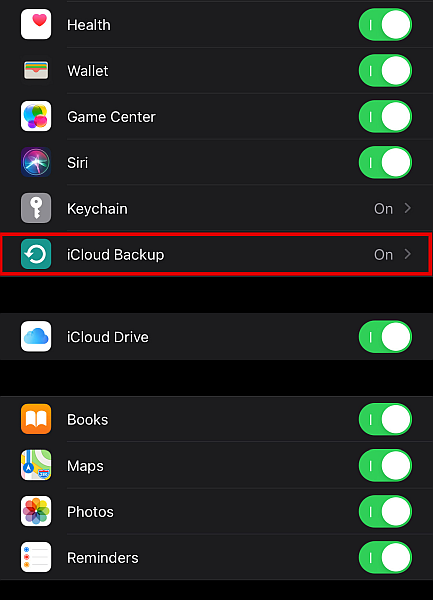Screenshot of iCloud settings in an iPhone with the iCloud Backup option highlighted