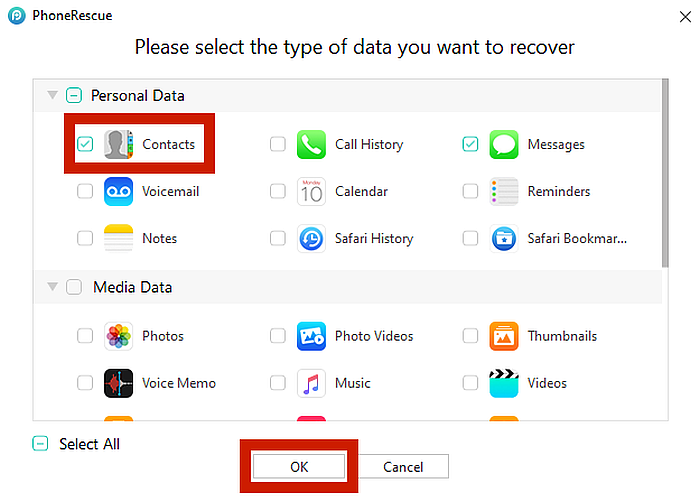 Phone Rescue Data Type Selection for Device Recovery