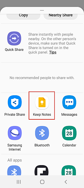 Keep notes icon in the share options
