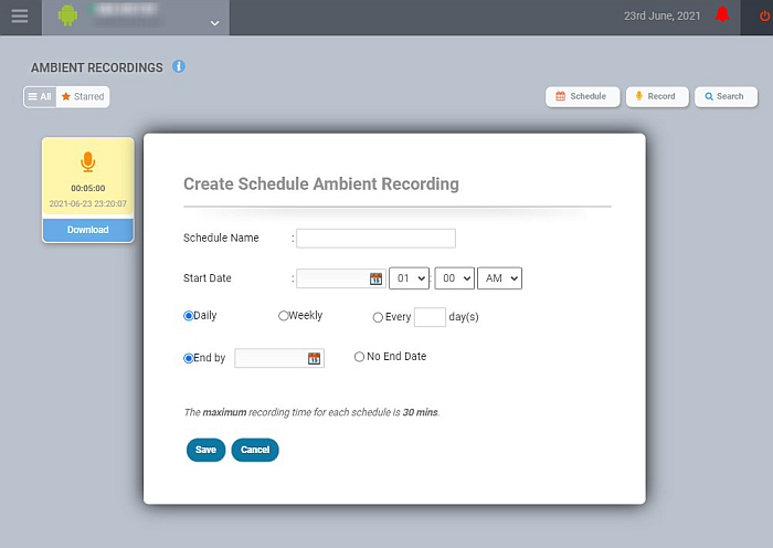 Flexispy ambient recording  scheduler feature