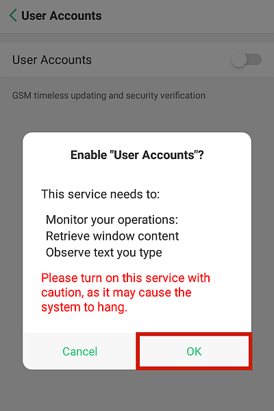 Umobix Enable user accounts prompt with the Ok button highlighted