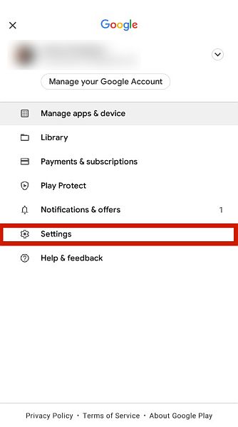 Playstore Accounts menu with the settings option highlighted