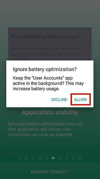 Ignore battery optimization prompt with Allow button highlighted
