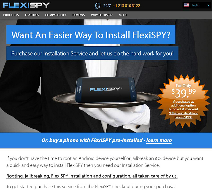 FlexiSpy remote installation service landing page