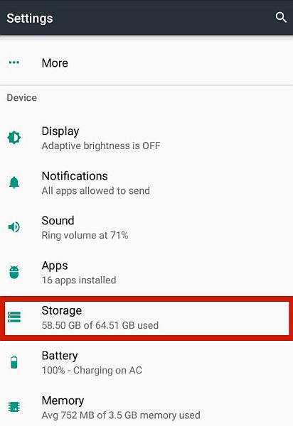 Android settings with the storage option highlighted
